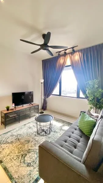 Living features: 3-seater fabric sofa in grey, coffee table, wall-mounted TV, TV console, area rug with geometric pattern, 5-blade ceiling fan with light, floor-to-ceiling windows, sheer curtains, decorative plant in ceramic pot, lampshade floor lamp; style: modern; view: city.