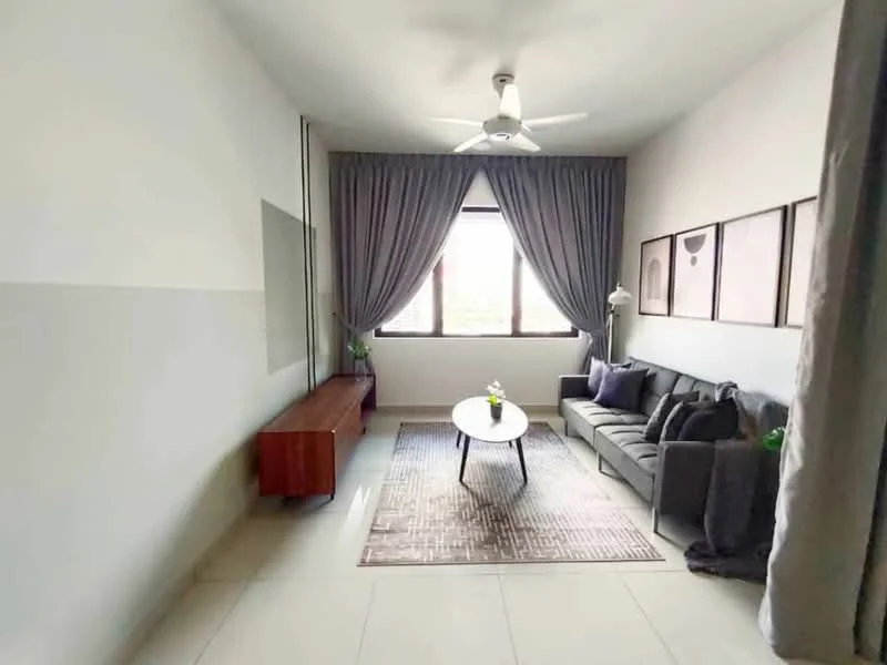 Living features: 3-seater fabric sofa in grey, coffee table, area rug with geometric pattern, floor-to-ceiling windows, sheer curtains, ceiling fan, decorative wall art, wooden sideboard, potted plants; style: modern.
