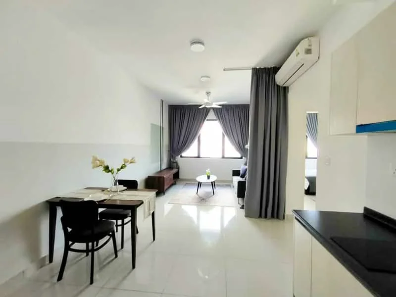 Living features: white painted walls, polished tile flooring, 5-blade ceiling fan with light, floor-to-ceiling windows, grey curtains, sofa in dark color, coffee table, dining table with 4 chairs, decorative plant on table; style: modern.