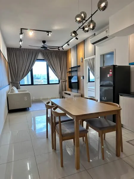 Living features: 3-seater fabric sofa in light grey, dining table with 4 wooden chairs, floor-to-ceiling windows, curtains in light grey, recessed LED downlights, 5-blade ceiling fan, wall-mounted TV, TV console, polished ceramic tile flooring, air conditioning unit, decorative wall paneling, track lighting; style: modern; view: city.