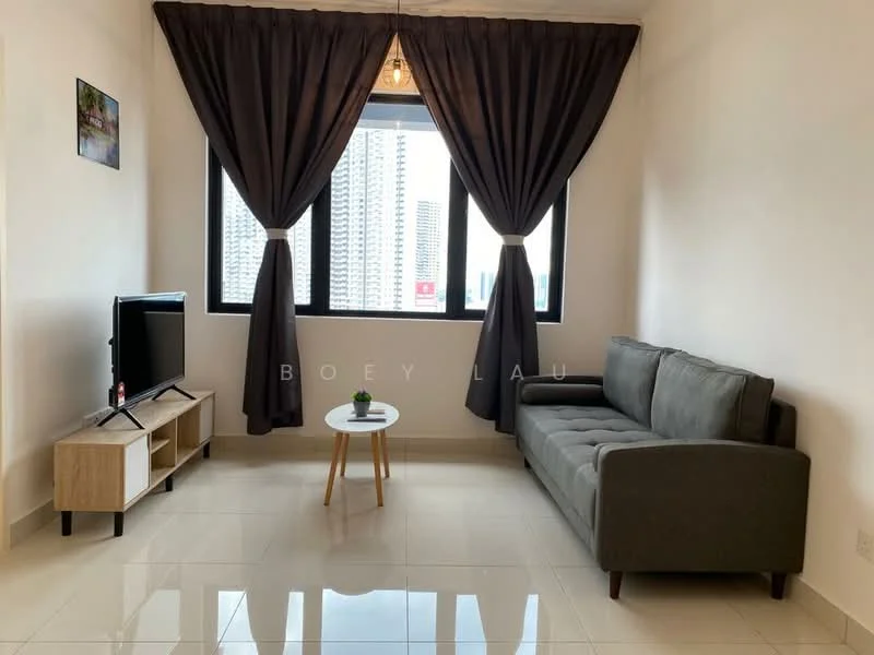 Living features: grey fabric sofa, wooden coffee table, TV console, floor-to-ceiling windows, blackout curtains, white painted walls, glossy tile flooring, hanging light fixture; style: modern; view: city.