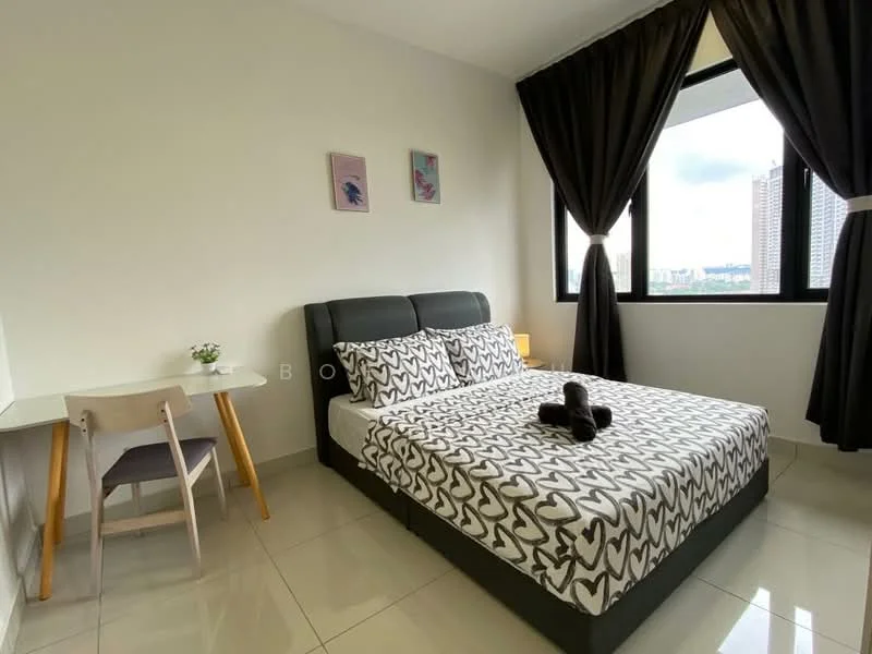 Bedroom features: queen-size bed with patterned bedding, upholstered headboard, 2 bedside pillows, small study table with wooden legs, grey upholstered chair, floor-to-ceiling window, blackout curtains, decorative wall art, ceramic vase with flower, polished tile flooring; style: modern; view: city.