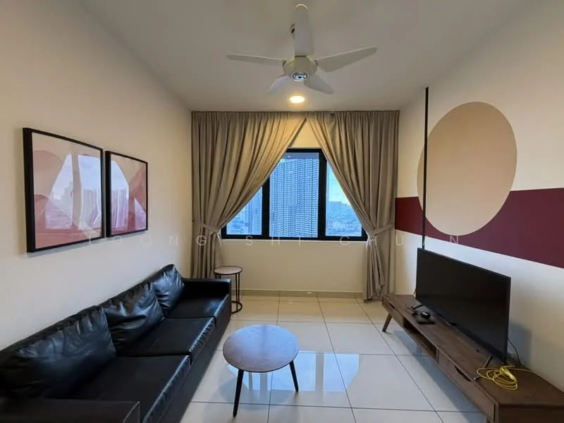 Living features: black leather 3-seater sofa, wooden coffee table, wall-mounted TV, wood TV console, white painted walls, red accent wall, floor-to-ceiling window, sheer curtains, ceiling fan with light, recessed downlights, glossy tile flooring; style: modern; view: city.