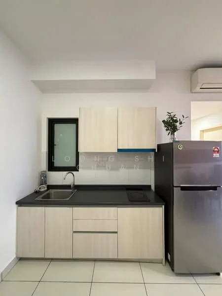 Kitchen features: single-bowl stainless-steel sink, chrome pull-down faucet, grey laminate countertop, light wood cabinetry, built-in electric stove, stainless-steel fridge, white tiled backsplash, white walls, tile flooring, window with black frame, air conditioning unit; style: modern.