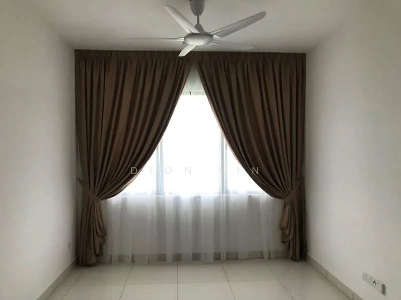 Room features: white painted walls, floor-to-ceiling window, sheer curtains, brown drapes, ceiling fan, tile flooring; style: minimalist.