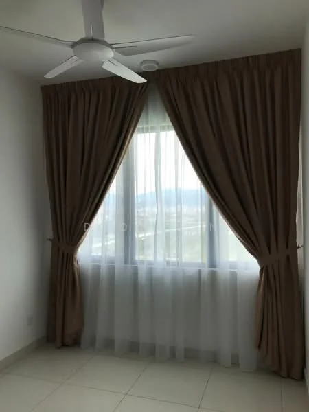 Room features: floor-to-ceiling window, sheer white curtains, brown drapes, white painted walls, ceiling fan, tile flooring; style: modern; view: city.