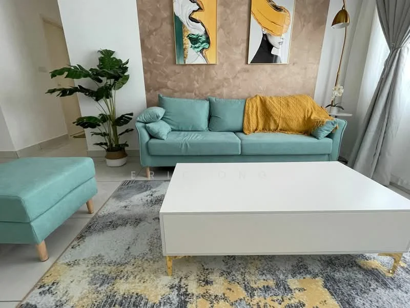 Living features: light blue fabric sofa, yellow throw blanket, white coffee table with gold legs, area rug with abstract pattern, potted plant, wall art with abstract designs, light grey curtains, neutral wall color, tile flooring; style: modern.