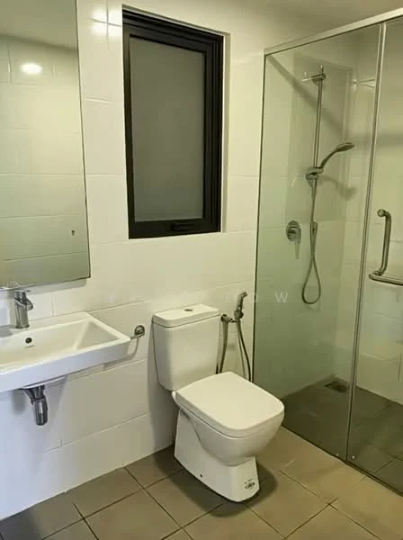 Bathroom features: white tiled walls, grey floor tiles, single-sink vanity with mirror, chrome basin mixer faucet, one-piece toilet, handheld shower, glass shower enclosure, wall-mounted shower head, grab bar, window for natural light; style: modern.