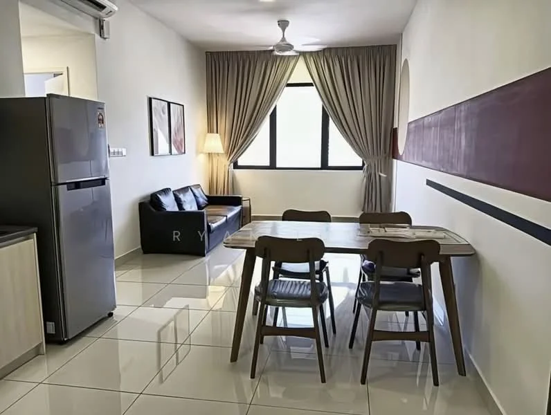 Living features: grey fabric sofa, wooden dining table, 4 wooden dining chairs, refrigerator, floor-to-ceiling window, curtains, ceiling fan, white painted walls, glossy tile flooring, decorative wall with maroon stripe; style: modern.