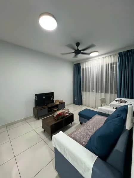 Living features: 3-seater fabric sofa in blue, coffee table, wall-mounted TV, TV console, floor-to-ceiling windows, sheer curtains, blue curtains, ceiling fan, recessed downlights, tile flooring, white painted walls; style: modern.