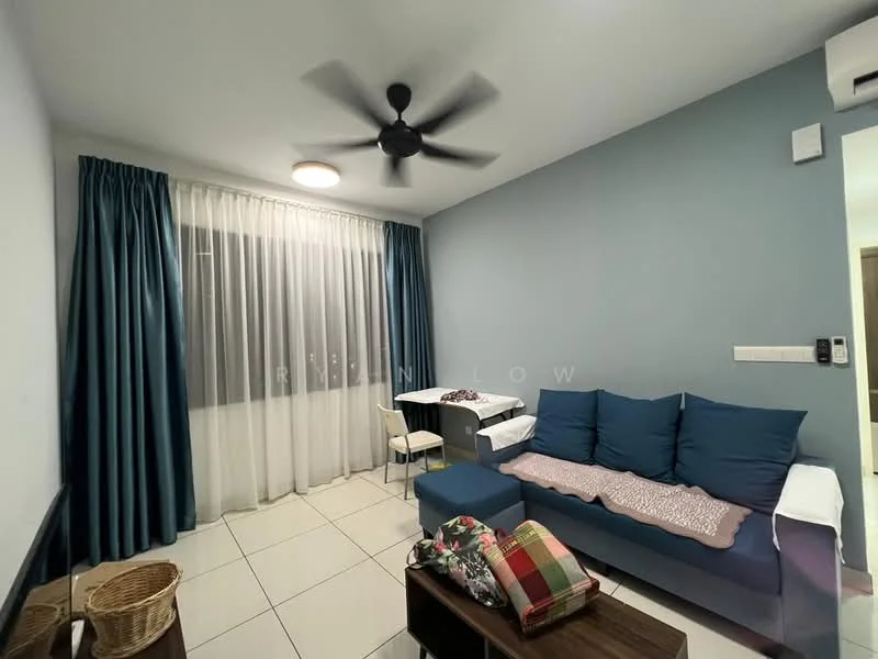Living features: light blue painted walls, white ceiling, 5-blade ceiling fan with light, floor-to-ceiling windows with sheer curtains, white tiled flooring, 2-seater fabric sofa in dark blue, coffee table, dining table for 2, decorative throw pillows, basket, area rug; style: modern.