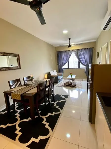 Living features: 3-seater fabric sofa in white, coffee table, area rug with geometric pattern, floor-to-ceiling windows, curtains in grey, ceiling fan, wall-mounted mirror, decorative wall art; style: modern; view: city. Dining features: 6-seater dining table, wooden dining chairs, table runner, candles on the table, black and white patterned area rug; style: modern. Kitchen features: stainless-steel fridge, kitchen cabinetry, countertop, sink, stove, wall-mounted air conditioning unit; style: modern.