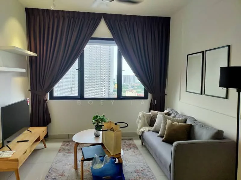 Living features: grey fabric sofa, wooden coffee table, TV console, wall-mounted TV, floor-to-ceiling windows, blackout curtains, decorative wall art, area rug with geometric pattern, houseplants in ceramic pots, ceiling fan; style: modern; view: city.