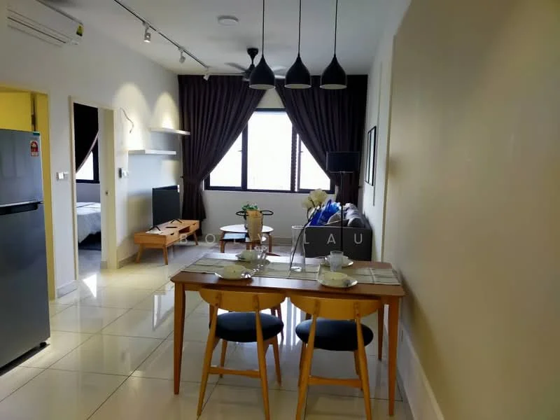 Dining features: wooden dining table, 4 dining chairs, white plates on the table, decorative vase with flowers, pendant lighting above the table, wall-mounted TV, grey sofa, black throw pillows, floor-to-ceiling window, curtains, white tiled flooring, air conditioning unit; style: modern. Room features: white painted walls, recessed lighting, open layout.