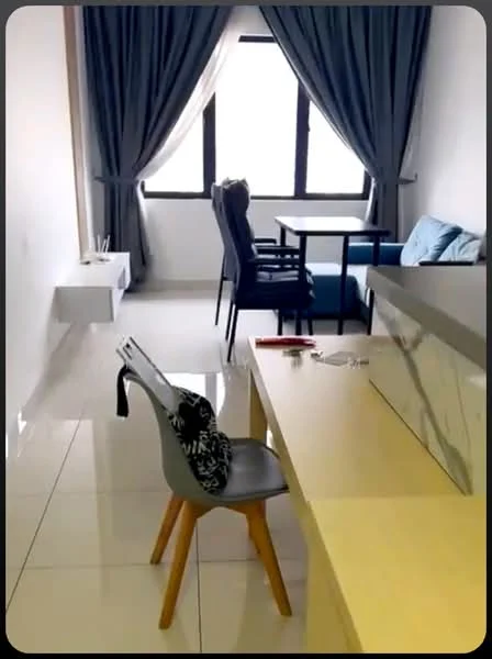 Living features: white painted walls, glossy tile flooring, floor-to-ceiling windows, grey curtains, light wood dining table, two dining chairs, blue sofa, decorative items on table, single chair, desk with chair; style: modern.