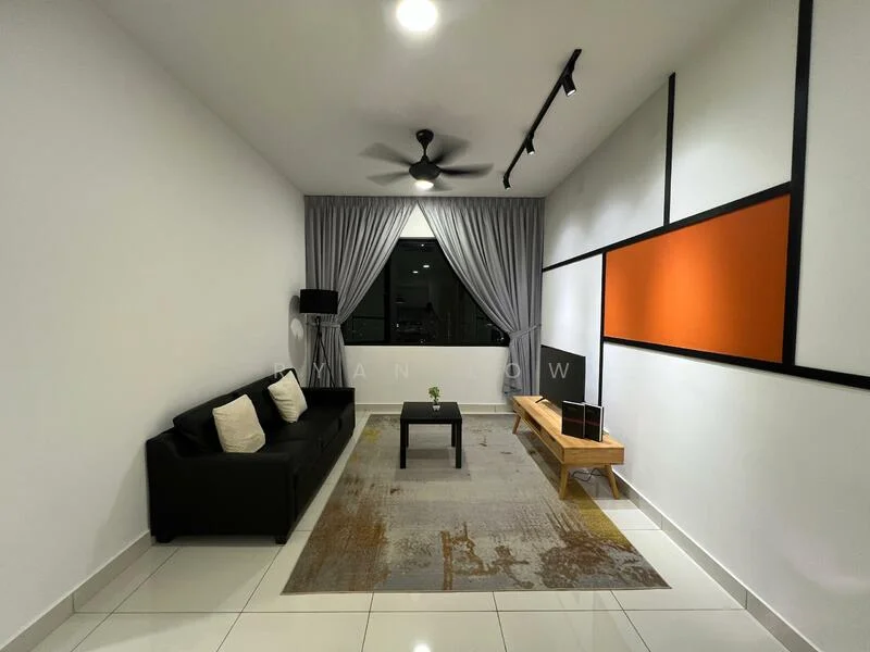 Living features: white painted walls, grey curtains, 3-seater fabric sofa in black, coffee table, area rug with abstract pattern, ceiling fan with light, track lighting, TV console, wall-mounted TV, decorative wall with orange accent; style: modern.