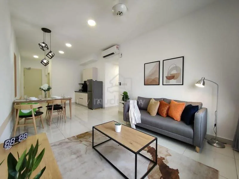 Living features: grey fabric sofa, orange and brown decorative cushions, wooden coffee table, area rug with abstract pattern, floor lamp, wall-mounted artwork, white painted walls, recessed ceiling lights, large window, tile flooring; style: modern. Dining features: wooden dining table for four, white dining chairs, table setting with plates and cutlery, white painted walls, tile flooring; style: modern. Kitchen features: black kitchen cabinets, stainless-steel appliances, refrigerator, built-in oven, stainless-steel sink, chrome faucet, white backsplash, tile flooring; style: modern.