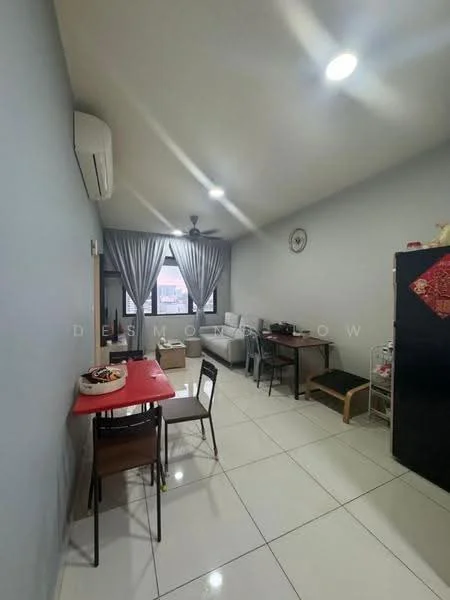 Living features: white painted walls, tile flooring, sliding glass door, floor-to-ceiling windows, grey curtains, 3-seater fabric sofa in white, wood dining table, 4 dining chairs, refrigerator, air conditioning unit, ceiling fan, wall clock; style: modern; view: city.