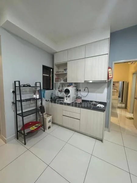 Kitchen features: light grey cabinetry, black countertop, built-in coffee machine, open shelving unit, white walls, ceramic tile flooring, single-bowl stainless-steel sink, chrome pull-down faucet, recessed lighting; style: modern.