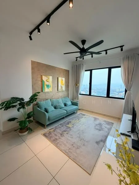 Living features: 3-seater fabric sofa in light blue, area rug with geometric pattern, wall-mounted TV, ceiling fan with integrated LED light, floor-to-ceiling windows, curtains in light fabric, decorative wall art, potted plant, white TV console, light-colored tiled flooring; style: modern; view: city.