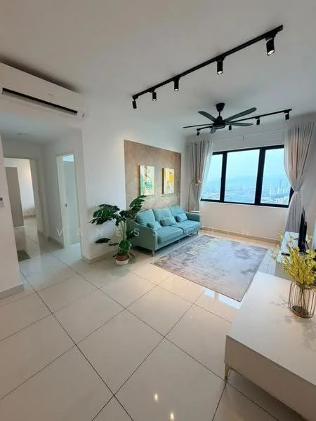 Living features: 3-seater fabric sofa in light blue, area rug with geometric pattern, wall-mounted TV, TV console, floor-to-ceiling windows, curtains, recessed LED downlights, 5-blade ceiling fan with light, decorative wall art, white painted walls, polished ceramic tile flooring, indoor plant; style: modern; view: city.