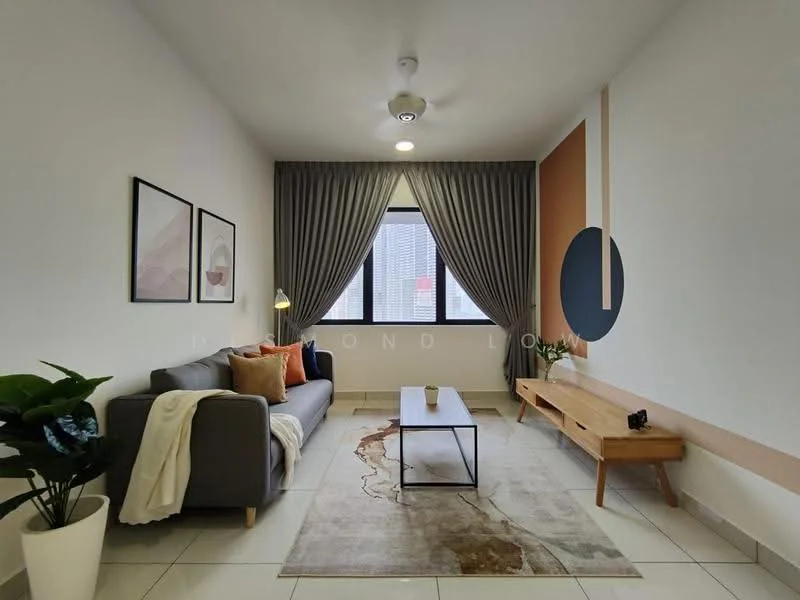 Living features: grey fabric sofa, decorative cushions, coffee table, area rug with geometric pattern, wall-mounted TV console, framed artwork on walls, floor-to-ceiling window, curtains, ceiling fan with light, wooden sideboard; style: modern; view: city.