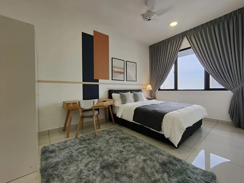 Bedroom features: king-size bed with white bedding, upholstered headboard, 2 bedside lamps, study desk with chair, framed artwork on walls, grey curtains, ceiling fan, carpeted area rug, white painted walls, tile flooring, floor-to-ceiling window; style: modern; view: city.
