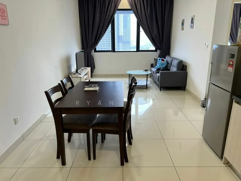 Dining features: 4-seater dining table, dark wood dining chairs, white walls, tile flooring, floor-to-ceiling windows, curtains, decorative wall art, television, sofa in grey fabric, coffee table, living area visible; style: modern; view: city.