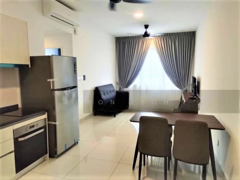 Living features: grey fabric sofa, 2-seater sofa, wooden dining table with 2 chairs, stainless-steel fridge, built-in oven, 4-burner gas hob, white cabinets, white walls, tile flooring, ceiling fan, wall-mounted TV, floor-to-ceiling window with sheer curtains; style: modern.