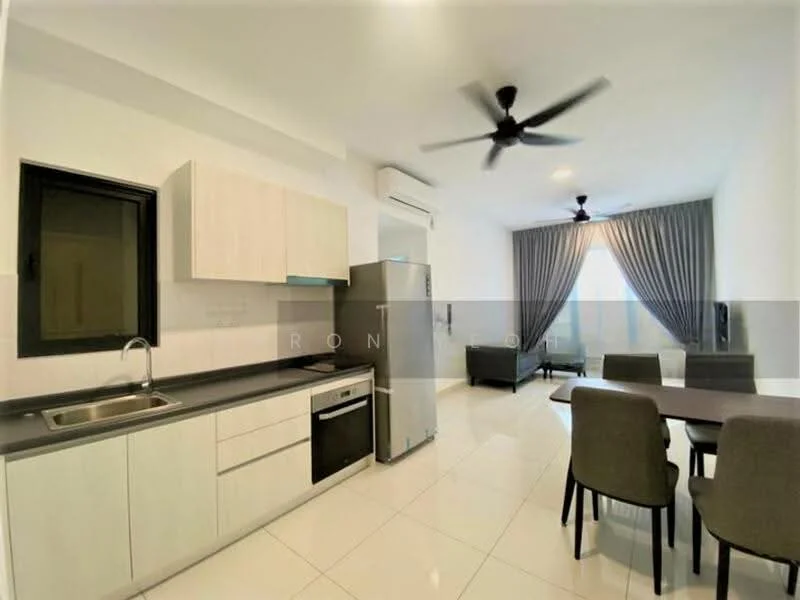 Kitchen features: white cabinetry, grey countertop, stainless-steel sink, chrome pull-down faucet, built-in oven, stainless-steel fridge, dishwasher, ceramic tile flooring, recessed downlights, wall-mounted split AC; style: modern. Dining features: 6-seater dining table, upholstered dining chairs, ceramic tile flooring; style: modern. Living features: 2-seater fabric sofa, 3-seater fabric sofa, area rug, curtains, recessed downlights, wall-mounted split AC; style: modern.