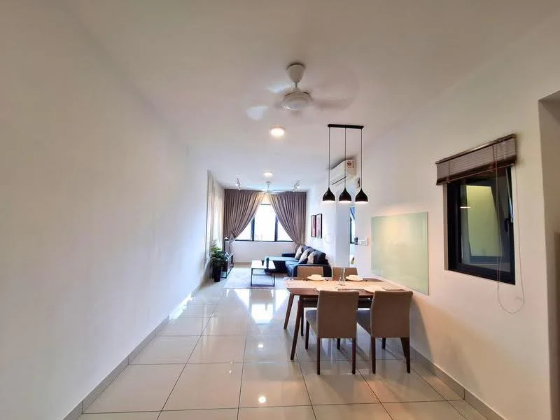 Dining features: white painted walls, glossy ceramic tile flooring, 5-blade ceiling fan with light, pendant lighting above dining table, dining table for 4 with beige upholstered chairs, large window with sheer curtains, air conditioning unit, decorative plant in pot; style: modern; view: city. Living features: sofa in dark color, coffee table, large window with sheer curtains, decorative cushions, area rug; style: modern; view: city.