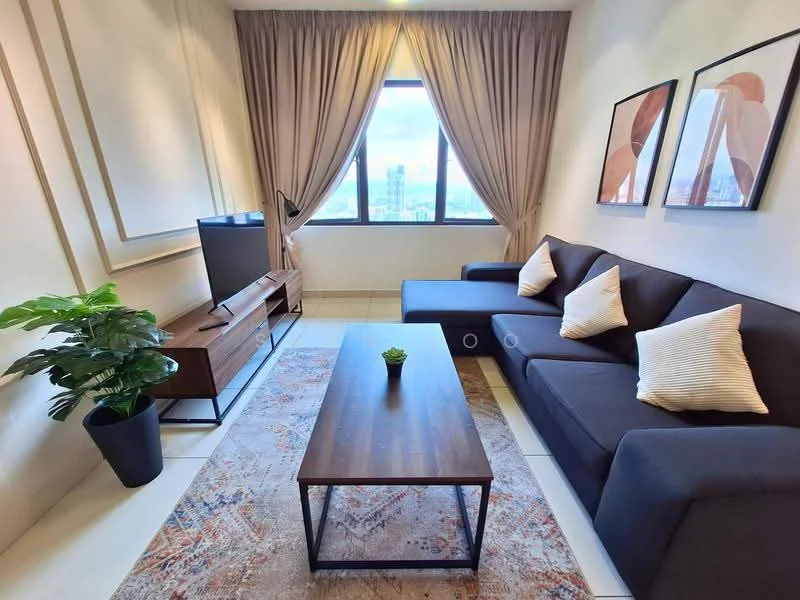 Living features: L-shape sectional sofa in black, wooden coffee table with metal legs, TV console in wood finish, wall-mounted TV, area rug with geometric pattern, floor-to-ceiling window, curtains in light beige, decorative houseplant in pot, framed artwork on walls; style: modern; view: city.