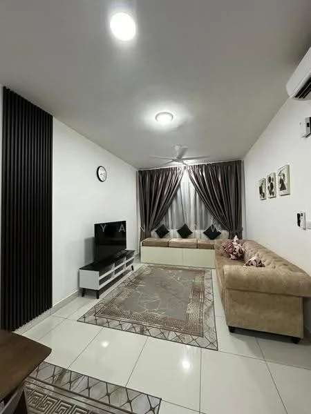Living features: cream fabric L-shape sectional sofa, wall-mounted TV, white TV console, decorative wall clock, 5-blade ceiling fan with light, floor-to-ceiling windows with sheer curtains, grey area rug with geometric pattern, dark wood side table, framed artwork on walls, black accent wall, recessed ceiling lights; style: modern.