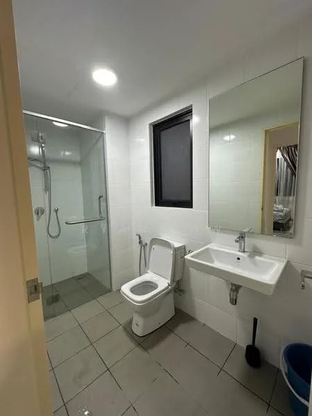 Bathroom features: walk-in shower with glass enclosure, chrome handheld shower, wall-mounted shower head, white ceramic toilet, single-sink vanity with wall-mounted faucet, framed mirror, white tiled walls, grey floor tiles, recessed downlights, window with black frame, grab bar, toilet brush holder; style: modern.