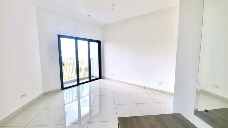 Room features: white painted walls, glossy ceramic tile flooring, floor-to-ceiling sliding glass door, balcony access, natural light from large window, minimalist design, neutral color palette, mirror on wall; style: modern.