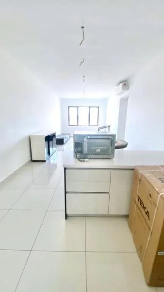 Kitchen features: white cabinetry, grey countertop, stainless-steel sink, chrome faucet, built-in microwave, freestanding fridge, open layout, tile flooring, recessed lighting, wall-mounted air conditioning unit, large window for natural light; style: modern.