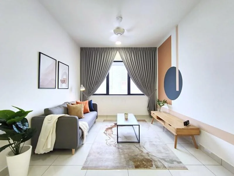 Living features: grey fabric sofa, decorative cushions, coffee table with black frame, area rug with geometric pattern, wall-mounted artwork, floor-to-ceiling window, sheer curtains, wooden console table, indoor plant, ceiling fan with light; style: modern.
