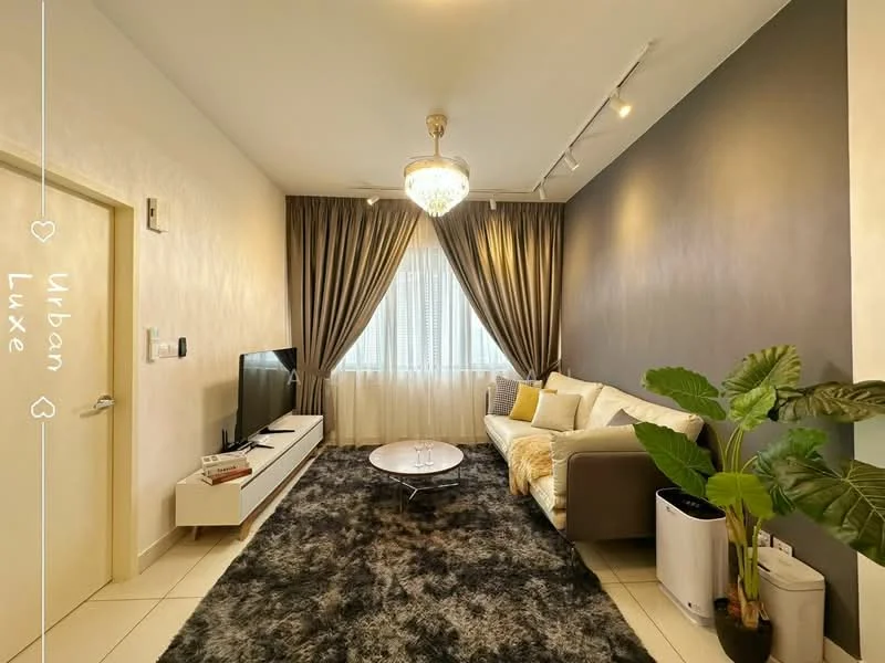 Living features: cream fabric sofa, round coffee table, wall-mounted TV, TV console, area rug with geometric pattern, chandelier, floor-to-ceiling windows, sheer curtains, dark accent wall, potted plant, white walls, tile flooring; style: modern; view: city.