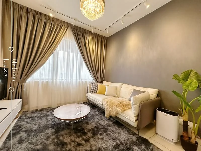 Living features: 3-seater fabric sofa in light grey, round coffee table with white top, area rug with geometric pattern, floor-to-ceiling windows with sheer curtains, grey accent wall, chandelier with crystal detailing, potted plant, air purifier; style: modern; view: city.
