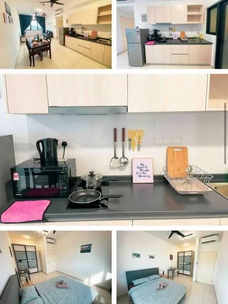 Kitchen features: white cabinetry, grey countertop, stainless-steel sink, chrome pull-down faucet, built-in microwave, black electric stove, kettle, frying pan, cutting board, utensil holder, dish rack, refrigerator, pendant light, wall-mounted split AC; style: modern. Bedroom features: queen-size bed, grey bedding, upholstered headboard, bedside table, wall-mounted split AC, window with curtains; style: modern. Dining features: 4-seater dining table, wooden dining chairs, decorative wall art; style: modern.