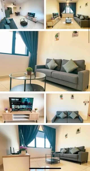 Living features: grey fabric 3-seater sofa, 2 grey accent cushions, glass coffee table, wooden TV console, wall-mounted TV, decorative plant on table, floor-to-ceiling windows, curtains in teal, light-colored walls, tile flooring; style: modern.