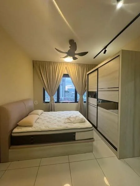 Bedroom features: king-size bed, upholstered headboard, built-in wardrobe with sliding doors, floor-to-ceiling windows, sheer curtains, 5-blade ceiling fan with light, white painted walls, glossy tile flooring; style: modern; view: city.