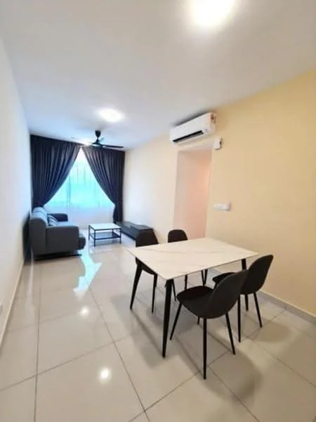 Living features: grey fabric sofa, black coffee table, dining table with white top, 4 black dining chairs, floor-to-ceiling window, dark curtains, white painted walls, glossy tile flooring, 1 wall-mounted split AC, ceiling fan with light; style: modern.