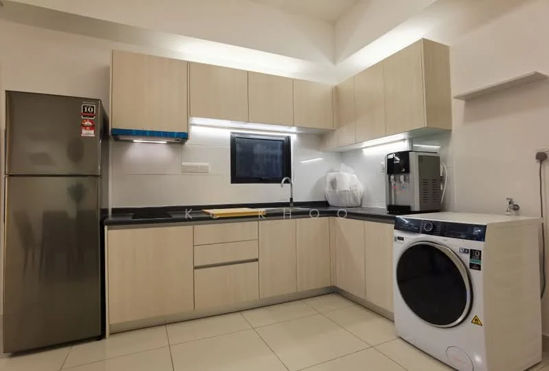Kitchen features: light wood cabinetry, black countertop, stainless-steel fridge, built-in microwave, front-load washing machine, single-bowl stainless-steel sink, chrome pull-down faucet, tile flooring, recessed LED downlights, window above sink; style: modern.