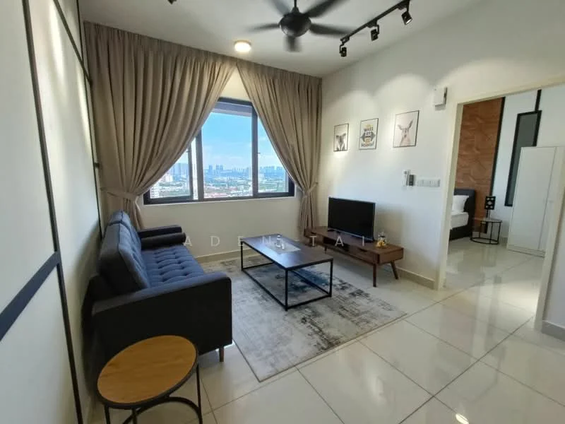 Living features: 3-seater fabric sofa in grey, coffee table with black metal frame, area rug with geometric pattern, wall-mounted TV, floor-to-ceiling windows, curtains in beige, recessed downlights, ceiling fan with light, decorative wall art, white painted walls, polished tile flooring; style: modern; view: city.