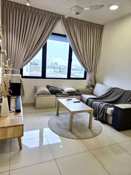Living features: floor-to-ceiling windows, beige curtains, white walls, light-colored sofa, decorative throw blanket, coffee table, area rug, wooden side table, TV console, recessed ceiling lights, ceiling fan; style: modern; view: city.