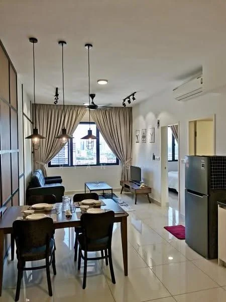Living features: 3-seater fabric sofa in black, 2 pendant lamps, coffee table, wall-mounted TV, area rug, floor-to-ceiling windows, sheer curtains, recessed downlights, wall-mounted split AC, white painted walls, glossy tile flooring; style: modern; view: city. Dining features: 6-seater dining table, upholstered dining chairs, table setting with plates and glasses; style: modern; view: city. Kitchen features: stainless-steel fridge, white cabinetry, black countertop, built-in oven, microwave, ceramic tile flooring; style: modern.