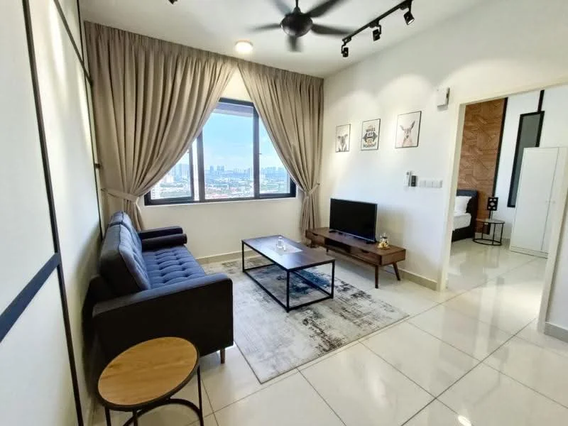 Living features: 3-seater fabric sofa in dark grey, wooden coffee table, TV console, wall-mounted TV, area rug with abstract pattern, floor-to-ceiling windows, sheer curtains, recessed downlights, ceiling fan, decorative wall art, light-coloured walls, glossy tile flooring; style: modern; view: city.