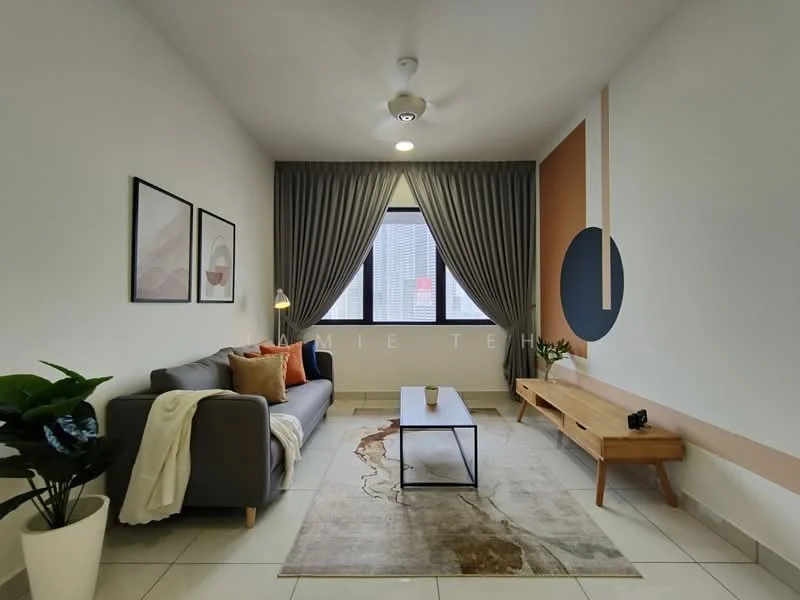 Living features: grey fabric sofa, white throw pillows, wooden coffee table, area rug with geometric pattern, wall-mounted TV, wooden TV console, floor-to-ceiling window, curtains, ceiling fan, decorative wall art, indoor plant; style: modern; view: city.