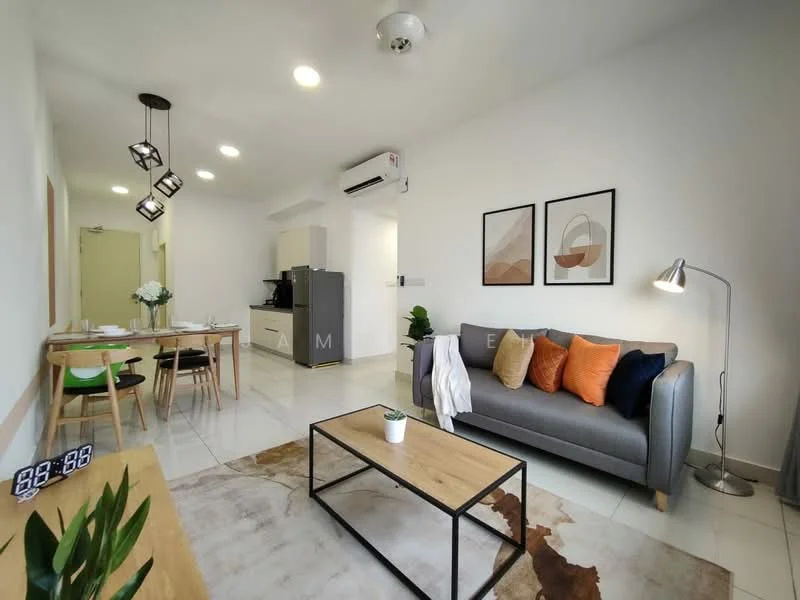 Living features: grey fabric sofa, orange accent pillows, wood coffee table, area rug with abstract pattern, floor lamp, wall-mounted TV, decorative wall art, white painted walls, recessed downlights, sliding glass door, plant in ceramic pot; style: modern. Dining features: 4-seater dining table, wooden dining chairs, white ceramic vase with flowers, white painted walls, recessed downlights; style: modern. Kitchen features: black refrigerator, built-in kitchen cabinets, white countertop, stainless-steel sink, chrome faucet, stove, oven, white tiled backsplash; style: modern.